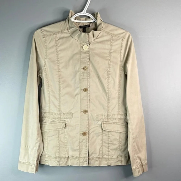EILEEN FISHER Tan Utility Jacket Ruffled Neck Drawstring Waist Size XS - Picture 13 of 13